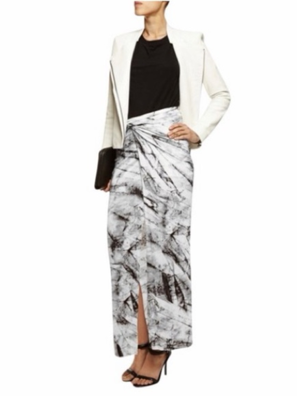 Helmut Lang Asymmetrical Marble Side Slit Ruched Indie White Grey Maxi Skirt M